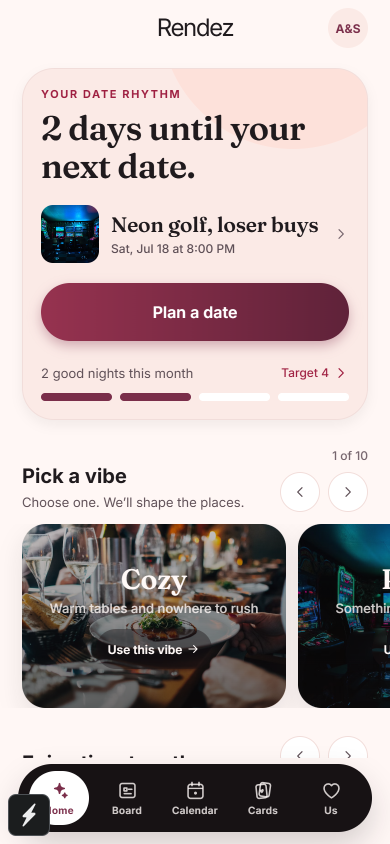 Rendez home screen showing the next date and mood picker